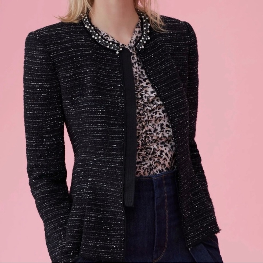 Rebecca Taylor - Black & White Tweed Jacket w/ Pearl & Embroidered Neckline Sz 8